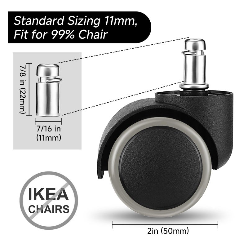 YIOVVOM 2 Inch Rollerblade Wheels for Office Chairs Replacement, 5PCS Mute Heavy Duty Rubber Rotating Computer Desk Chair Caster, Safe for Wood Floors Carpet, Universal Standard Stem Size Fits 99% - Image 2